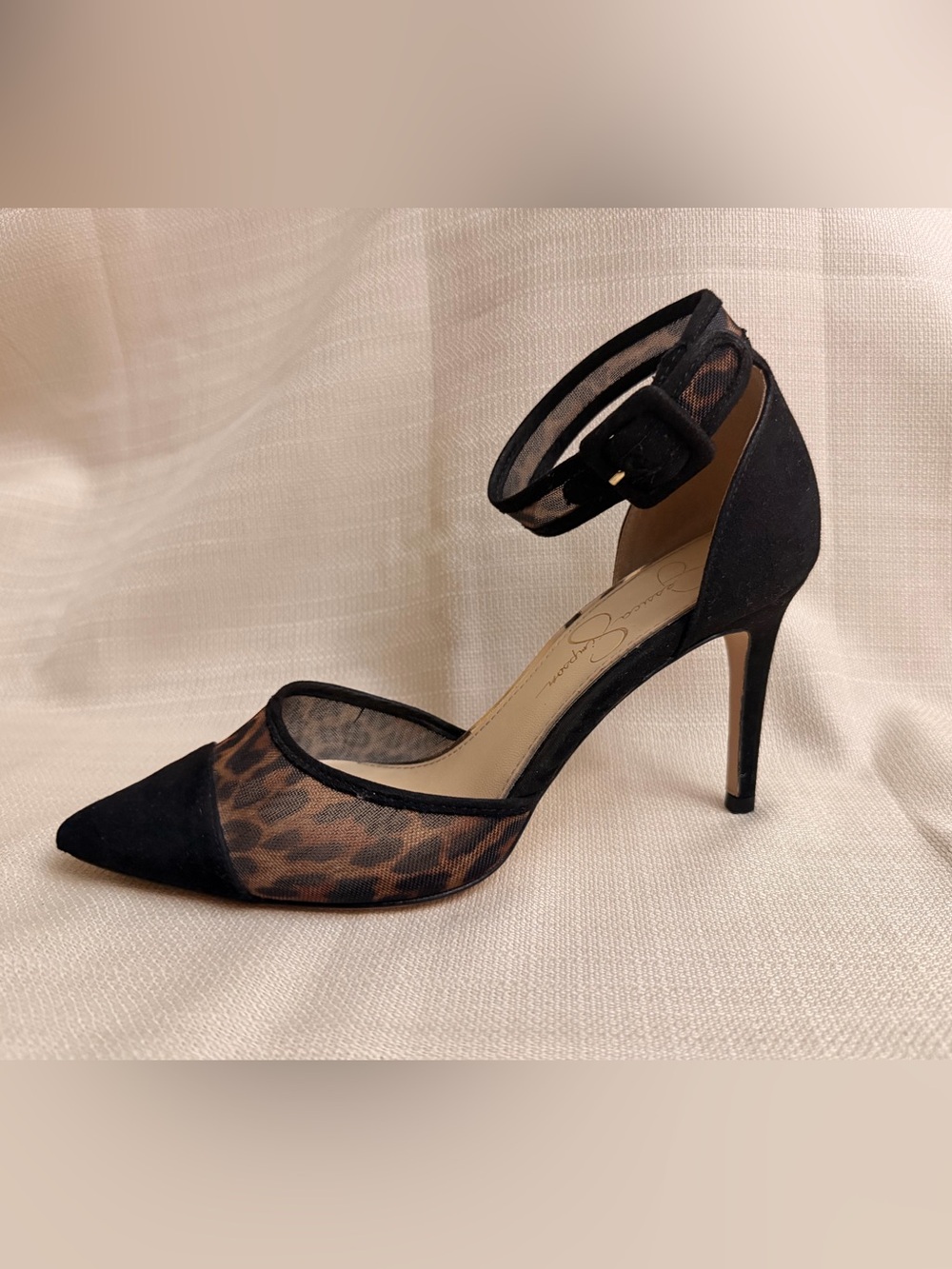 Jessica Simpson Black Suede & Leopard Mesh Ankle-Strap Heel